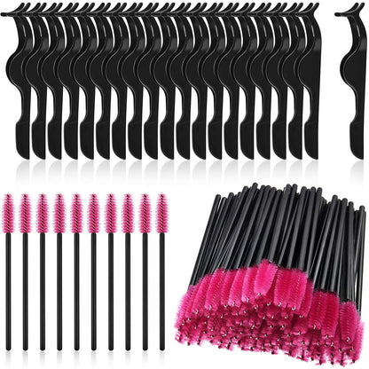 24 Pieces Plastic Eyelash Extension Tweezers Applicator Tool Auxiliary Clip and 100 Pieces Eyelash Brush Mascara Wands for Application(Black)