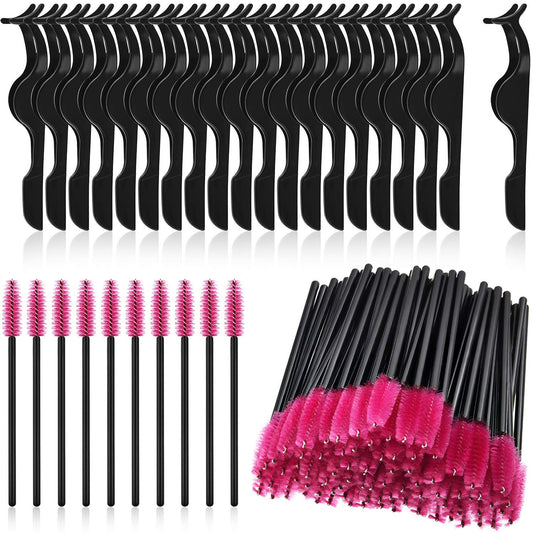 24 Pieces Plastic Eyelash Extension Tweezers Applicator Tool Auxiliary Clip and 100 Pieces Eyelash Brush Mascara Wands for Application(Black)