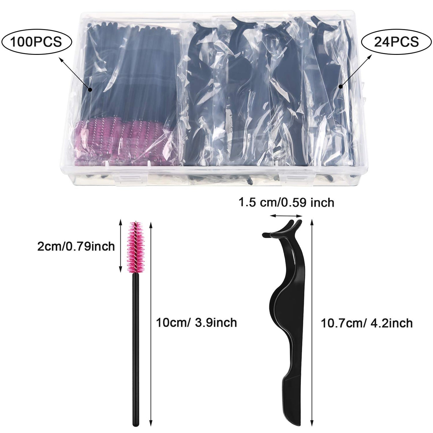 24 Pieces Plastic Eyelash Extension Tweezers Applicator Tool Auxiliary Clip and 100 Pieces Eyelash Brush Mascara Wands for Application(Black)