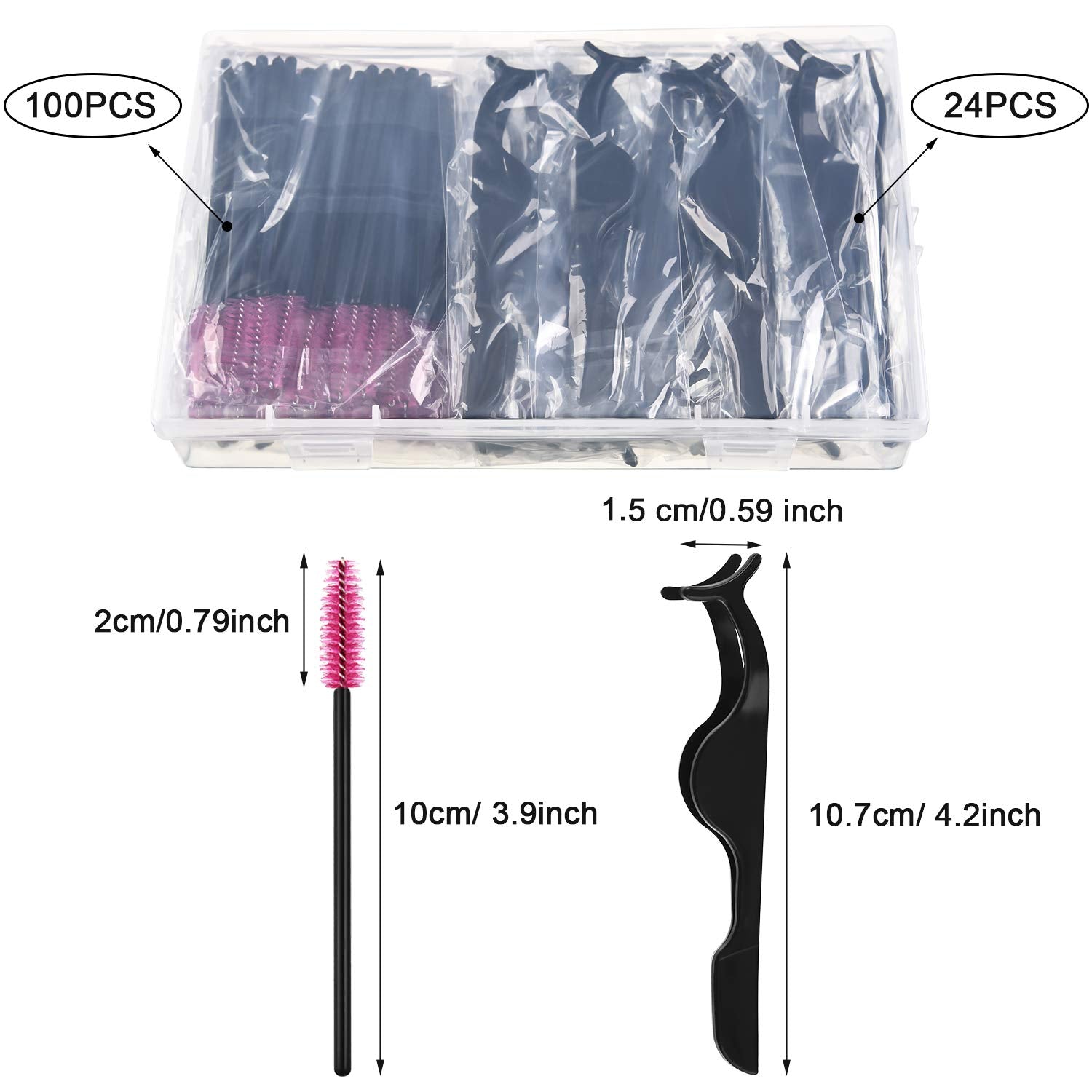 24 Pieces Plastic Eyelash Extension Tweezers Applicator Tool Auxiliary Clip and 100 Pieces Eyelash Brush Mascara Wands for Application(Black)
